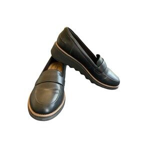 Clarks Shoes Womens 8 M Sharon Gracie Wedge Loafers Slip On Black Leather